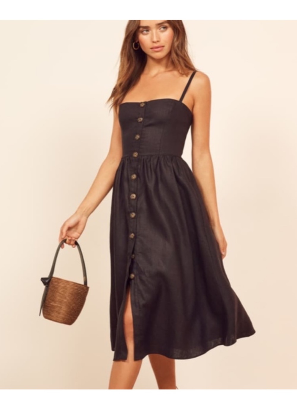 Reformation Black Button-Front linen Midi Dress